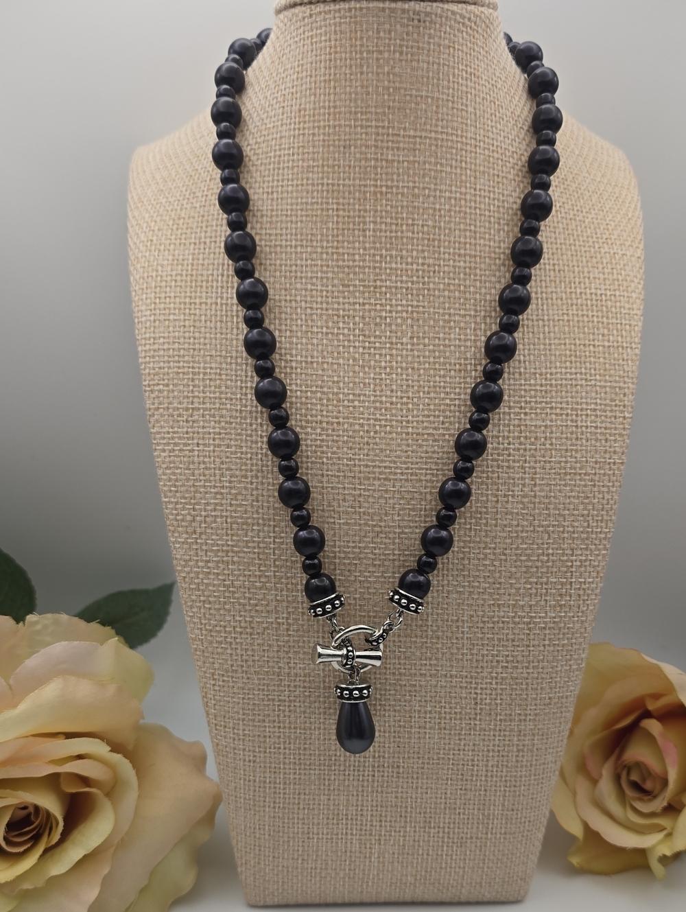 Black Beaded Toggle Necklace with Teardrop Pendant